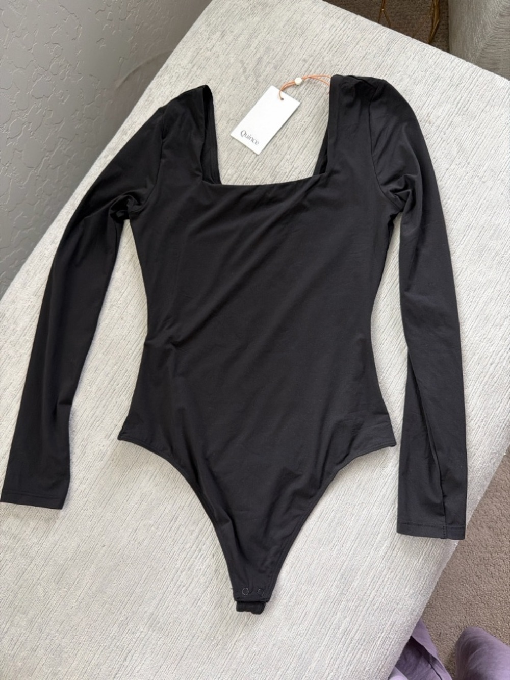 Quince Long Sleeve Square Neck Bodysuit Black Size S Thong Snap Bottom NWT